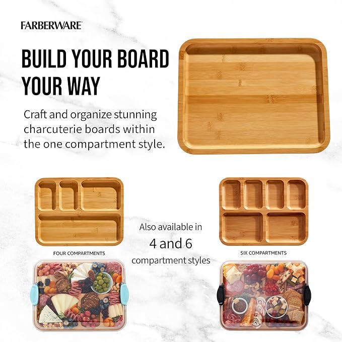 Farberware Bamboo Cutting Board with Clear Locking Lid, 11x14 Inches - Charcuterie Board with Recessed Handles, Raised Edges, Reversible Surface - Make It, Take It, Enjoy It