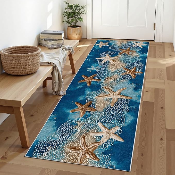 Seaside Coastal Extra Long Hallway Runner Rug 3x12 - Fishing Net Soft Low Pile Runner RugsWatercolor Ocean Anti Slip Washable Runners Rug for Entrance Corridor Kitchen Living Room
