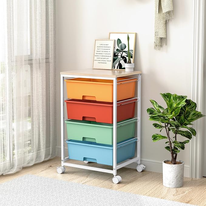Utility-Rolling-Storage-Drawer-Craft-Cart-Organizer with 4 Drawers and Wooden Tabletop & Lockable Wheels for Home Office, Bedroom, Kids Room, Classroom, 4 Tiers Under Desk Drawer Cart, Macaron