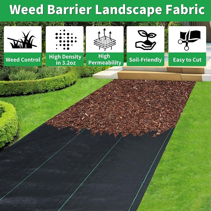 4ft x 300ft Weed Barrier Fabric, Heavy Duty Landscape Fabric | 3.2oz Woven PP, Ground Cover for Gardens, Flower Beds & Yard Landscaping