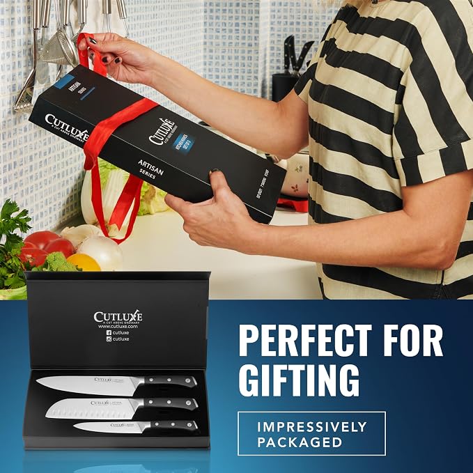 Cutluxe Chef Knife Set, 3-Piece Kitchen Knives – Razor Sharp German Steel | Professional Full Tang Blades with Ergonomic Handles – Artisan Series, Forged High Carbon