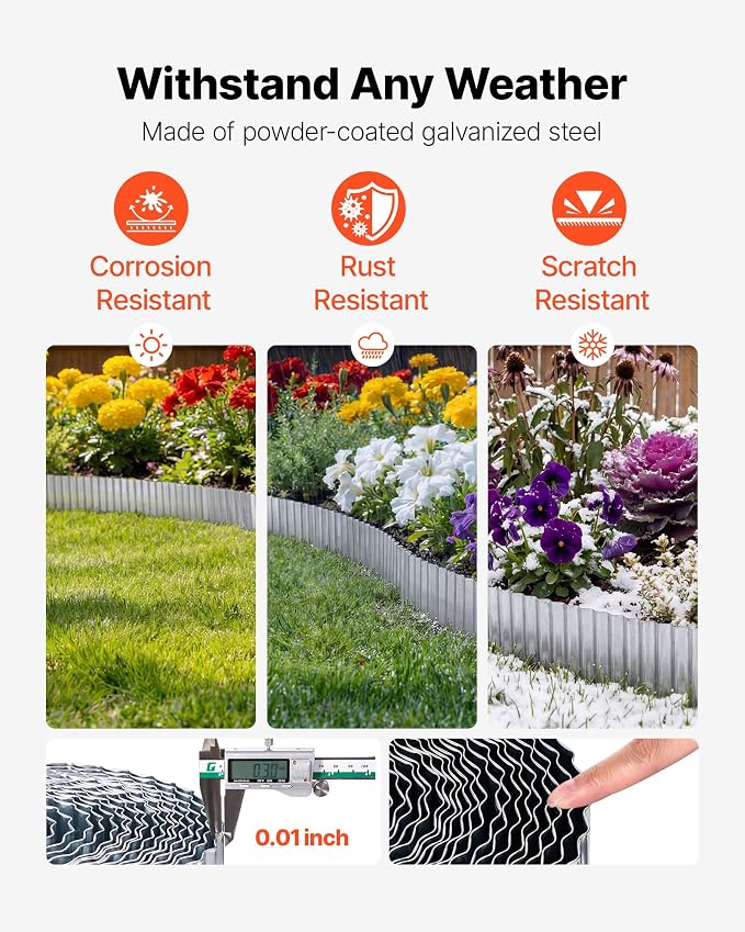 VEVOR Galvanized Steel Landscape Edging, 50 ft x 6 in Metal Edging for Landscaping with Gloves, Easy-to-Install Bendable Metal Strips, Heavy Duty Metal Garden Edge Border for Flower Bed, Yard Pathway