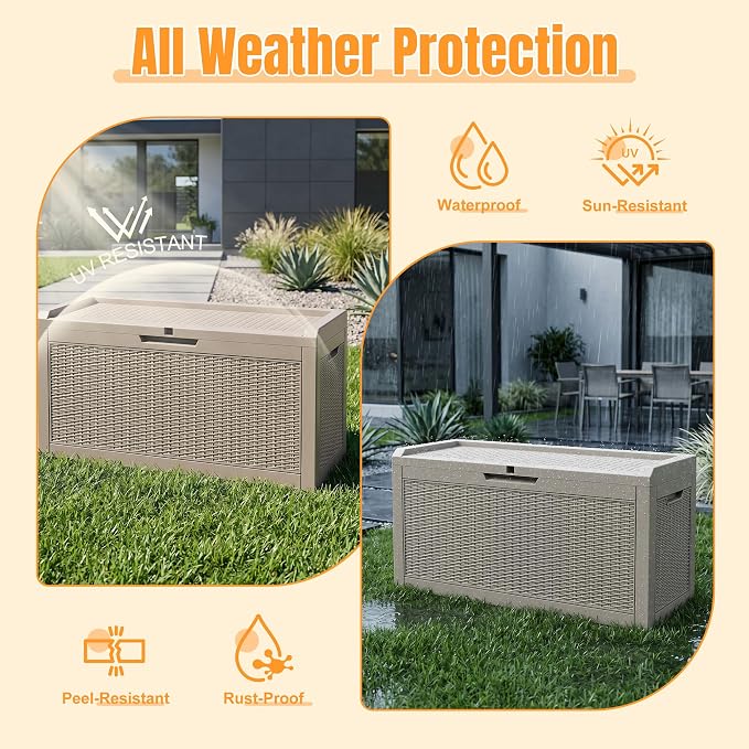Outdoor Storage Box,120 Gallon Waterproof Resin Patio Deck Box | UV Resistant Lockable Package Delivery Bin, Toy Cabinet, Shoe & Garden Tools Storage, Ottoman, Indoor/Outdoor