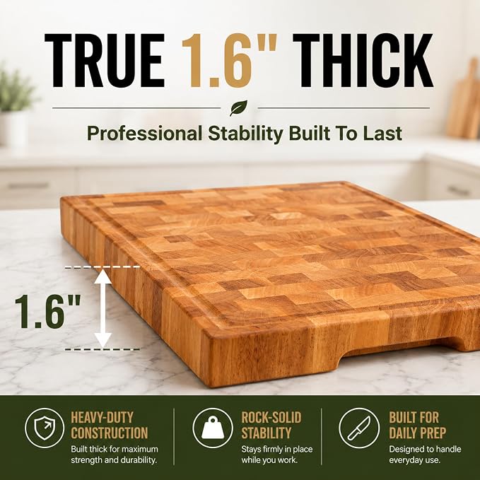 SHUMARU Mahogany End Grain Cutting Board, 17×13×1.6 in – Handmade Butcher Block, Knife-Friendly, Juice Groove, Non-Slip Feet