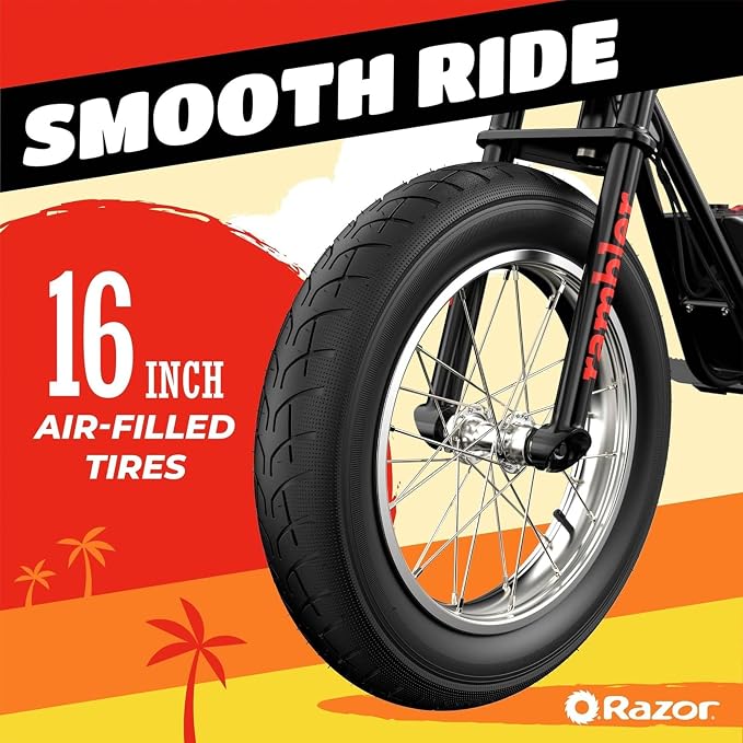 Razor Rambler 16 – 36V Electric Minibike with Retro Style, Up to 15.5 MPH, Up to 11.5 Miles Range, Wide, Rugged 16" Air-Filled Tires, Powerful 350 Watt Hub-Driven Motor | 140 lb Max Weight – 24V Battery, Up to 14 Mph, 30-Min Ride Time, Twist-Grip Throt...