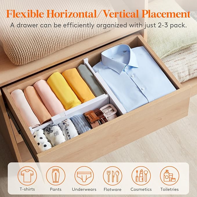 Lifewit 8 Pack Upgrade Drawer Dividers for Clothes, 4" High 11"-17" Adjustable Dresser Drawer Organizers, Expandable White Plastic Drawer Separators for Kitchen, Nursery, Office Organization & Storage