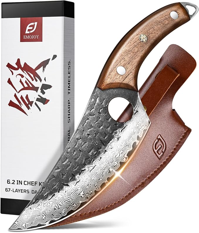 Damascus Chef Knife, 67-Layer Damascus Steel Kitchen Knife with Black Hammered Finish, Japanese Knives for Home, Outdoor Cooking, BBQ, Include Gift Box, 6.3 Inch