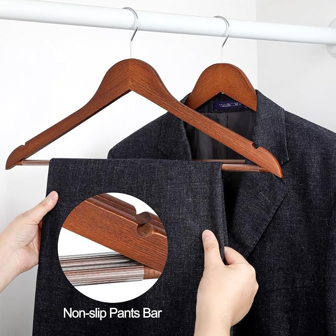 TOPIA HANGER Walnut Wooden Hangers 30 Pack, Wood Clothes Hangers, Durable Coat Hanger with 360-Degree Rotatable Hook, Non-Slip Pants Bar and Shoulder Notches for Camisole Tops - CT34WA30