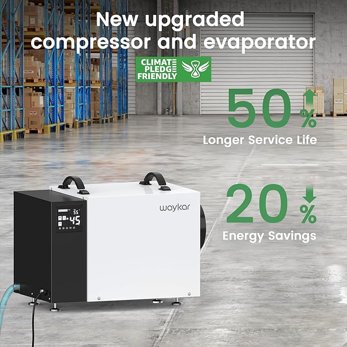 Waykar 125 Pint Crawl Space Dehumidifier with Drain Hose for Basements, Commercial & Water Damage Spaces up to 6500 Sq. Ft., Compact, Strong Dehumidification, 5-Year Quality Coverage