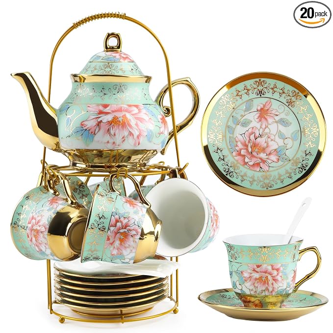 20 Pcs Porcelain Tea Set with Metal Holder and Spoon, European Ceramic Tea Set for Adults, European Flower Painting Teapot Cup Saucer Spoon Set for 6, Gift Pack