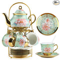 20 Pcs Porcelain Tea Set with Metal Holder and Spoon, European Ceramic Tea Set for Adults, European Flower Painting Teapot Cup Saucer Spoon Set for 6, Gift Pack