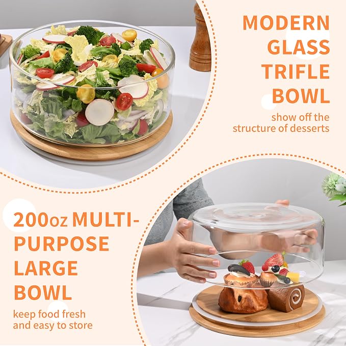 Large Trifle Bowl Glass, 200oz Morden Design Clear Glass Salad Bowl with Lid, 9.8" Serving Bowl for Laying Ice Cream Cakes, Cupcake, Salad, Fruit, Microwave & Dishwasher Safe