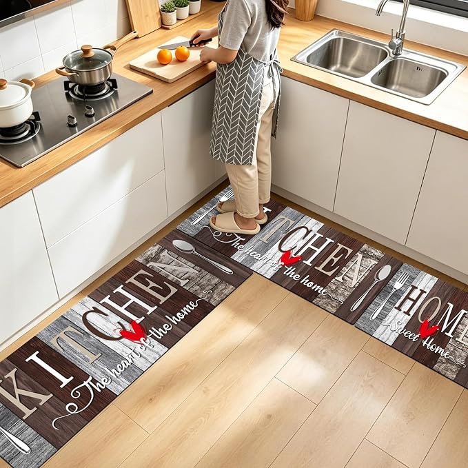 Kitchen Rugs Set 3 Piece, Non Slip Kitchen Mats for Floor, Soft Fabric with Rubber Backing, Farmhouse Anti Fatigue Runners Carpet for Home Kitchen Laundry Room Hallway Rustic Dark Brown & Grey