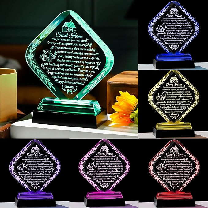 Arikyrist Crystal New Home Gifts for Women Men Housewarming Gift for Friends with LED Light Base Sweet House Warming Ideas Keepsakes for Couples Home Decoration