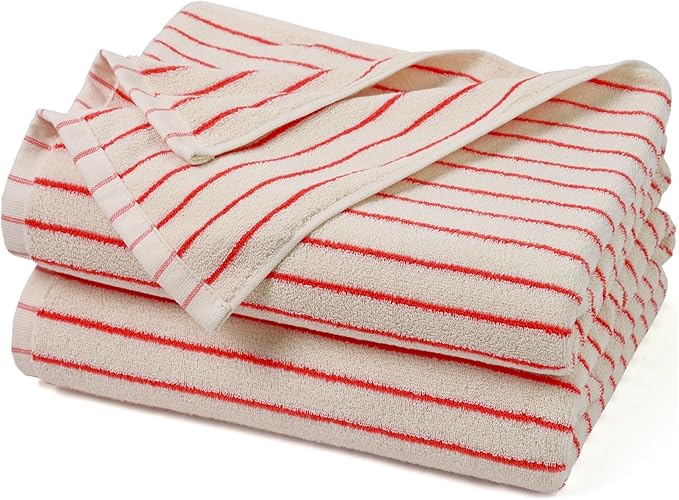 Striped Bath Towels Set of 2 (Coral Red), Lighter & Quick Dry Towels | Large 27.5 x 55 inches, Farmhouse for Bathroom Decor, Shower, Pool Days