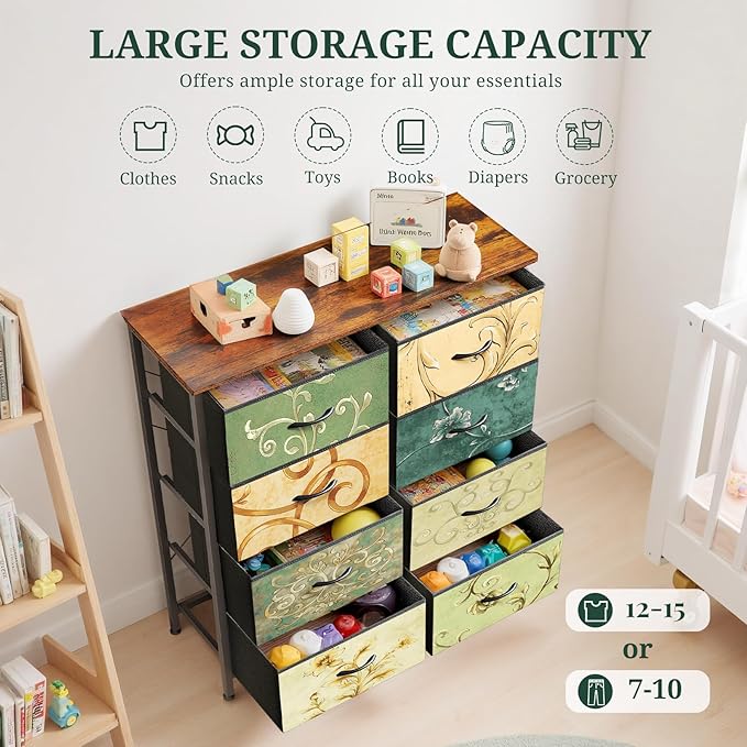 8-Drawer Dresser for Bedroom, Anti-Tip Tall Storage Organizer Chest of Drawers with Wooden Top and Metal Frame Fabric Bins for Closet, Living Room, Hallway, Entryway, Floral Painted