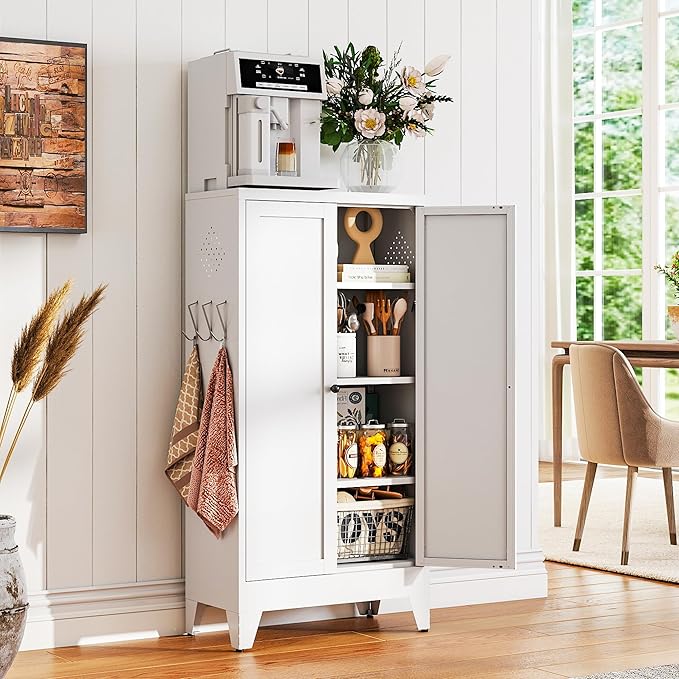 AQY Metal Pantry Cabinet, White Kitchen Storage Cabinet with Doors | Adjustable Shelves Freestanding Storage Metal Cabinet Kitchen, Dining & Bathroom Organization