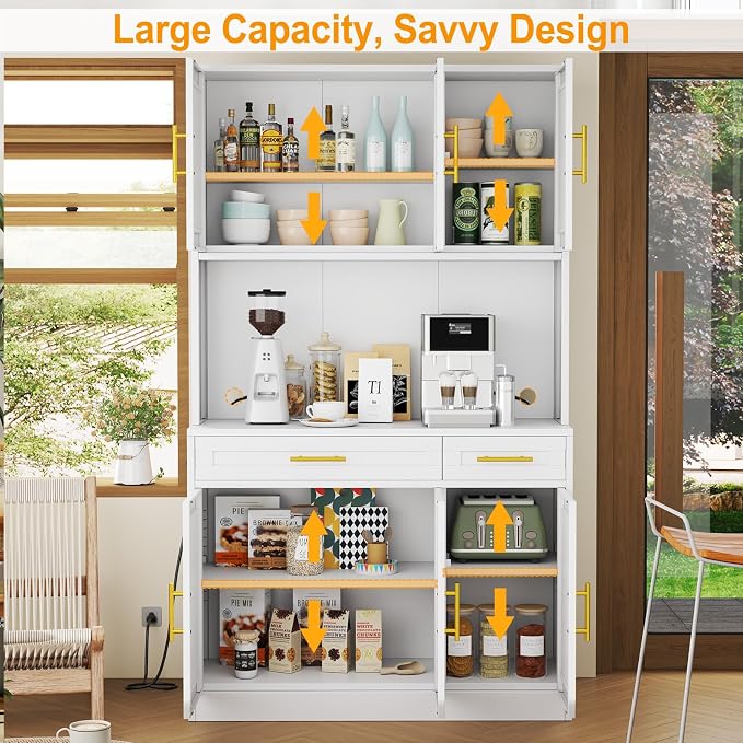 GAIOUS 71" Metal Kitchen Pantry Cabinet, Buffet Sideboard with Drawers | 6 Doors 4 Adjustable Shelves Open Countertop Charging Cable Hole Coffee Bar Cabinet Cupboard for Dining Living White