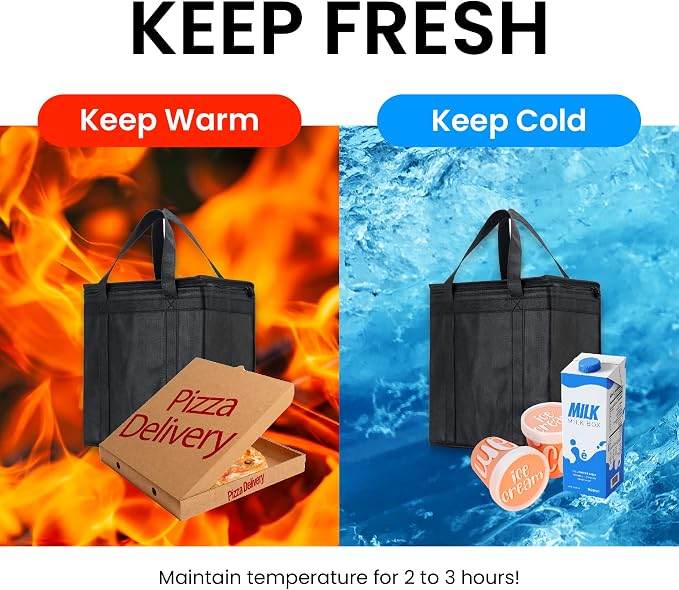 Insulated Food Bag, Portable Cooler Tote (Medium, Black, 2 Pack) | Thermal bag, For cold and hot food, Soft sided cooler, Heavy duty 4-layered tote, Grocery shopping, Beach or travel bag