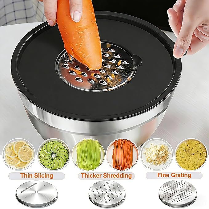 Thickened Heavy-Duty 26pcs Stainless Steel Bowl, Mixing Bowl Set with Lid, Grater Attachment, Non-Slip Bottom and Kitchen Gadget Set, Sizes 7, 4, 2.5, 2.0, 1.5, 1QT, Ideal for Mixing and Serving
