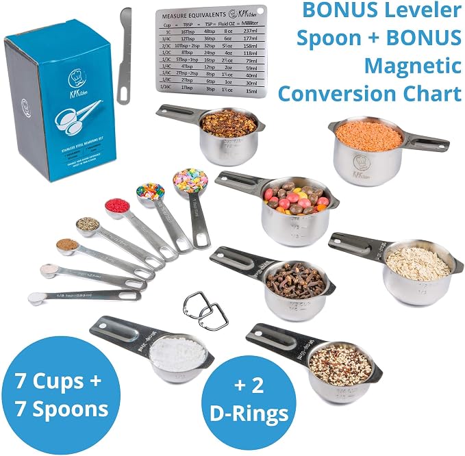 KPKitchen Stainless Steel Measuring Cups and Spoons Set of 16 and 4-Piece Liquid Measuring Cups Set - 7 Cup and 7 Spoon Metal Measure Sets - Includes Mini Ounce, 1, 2 and 4 Plastic Measuring Cup Sizes