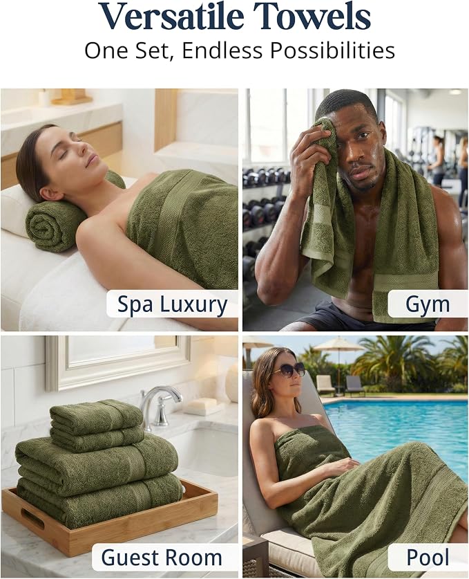 LANE LINEN Large Bath Towel Set Absorbent Quick Dry 100% Cotton - Oil Green | Soft Cotton Towels - Fade-Resistant Color, Classic Terry Weave, Densely Woven & Durable, Easy-Care, Coordinated Colors