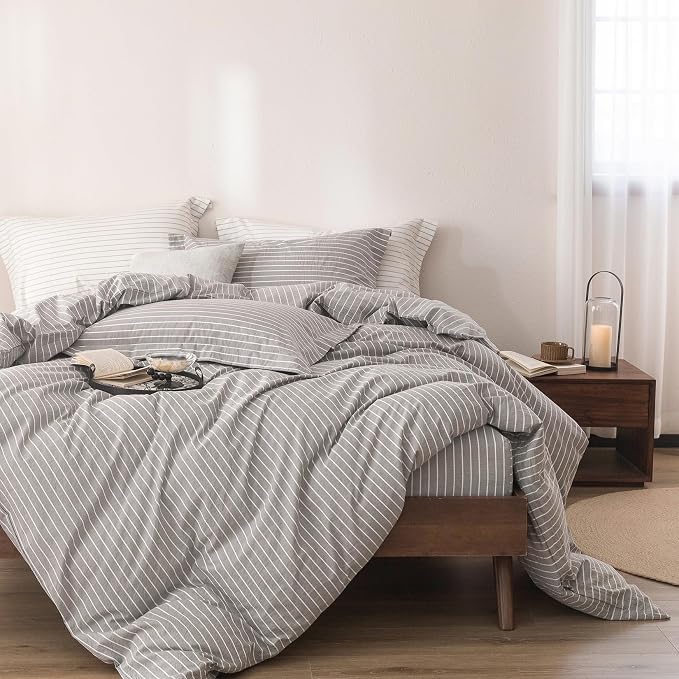 Stripe Duvet Cover Queen Size 90inch x 90inch, 100% Washed Cotton Linen Feel Pinstripe Duvet Cover with Zipper Closure and 2 Pillowcases, Color of Grey and White Stripe