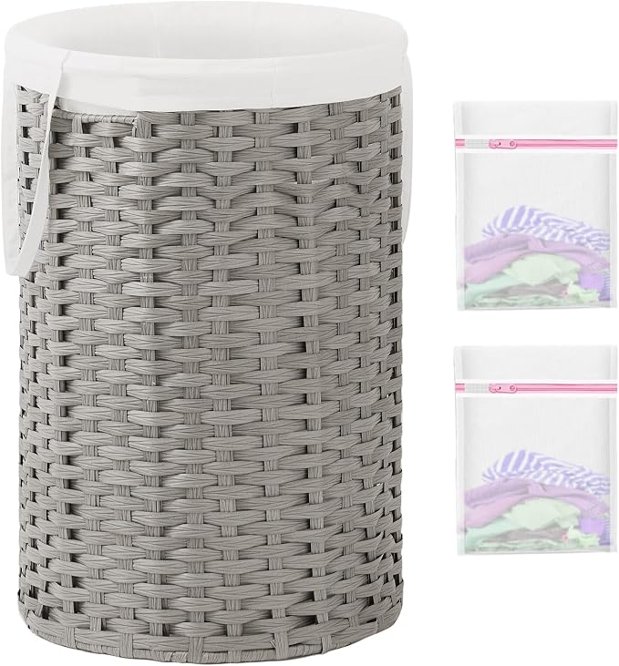 SETVSON 34.3 Gal (130 L) Large Laundry Hamper Laundry Basket Round Handwoven Wicker Laundry Baskets Rattan Laundry Basket with Removable Bag Handles 2 Mesh Bags for Living Room Bedroom Gray (No Lid)
