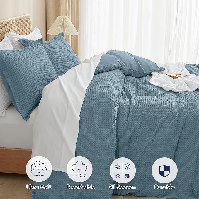 PHF Waffle Duvet Cover Set Queen Size, No Snagging Ultra Soft Luxury Textured Breathable Comforter Cover for All Season 3pcs, Durable Bedding Duvet Set with 2 Pillow Shams, 90"x90", Stormy Blue
