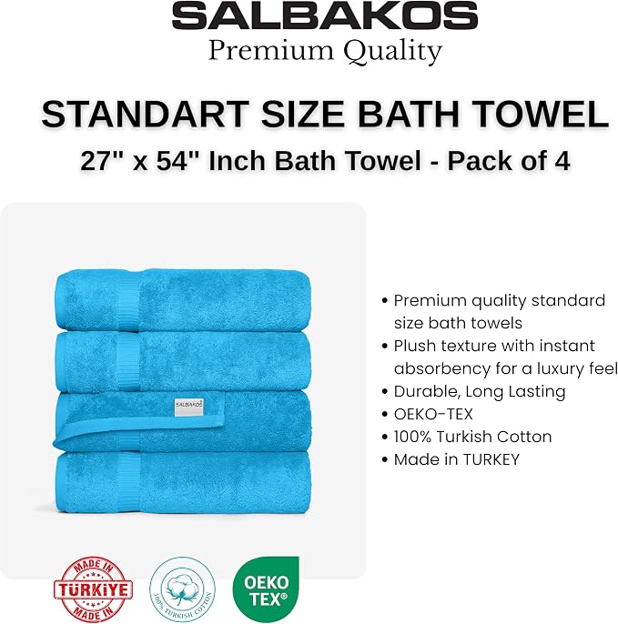 SALBAKOS 4-Piece 100% Turkish Cotton Bath Towels, 27x54 inch, Aqua | Standard Size, 630 Gsm Thick Super Soft Highly Absorbent Quick-Dry Bathroom Towel, Premium Hotel & Spa Quality Made in Turkey