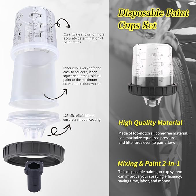 HVLP Spray Gun with 10Pcs 600ML Disposable Paint Cups, 5 Nozzles,1.4/1.7/2.0/2.5/3.0mm, Automotive Gravity Feed Paint Spray Gun Kit with Air Compressor Regulator for Auto (Black)