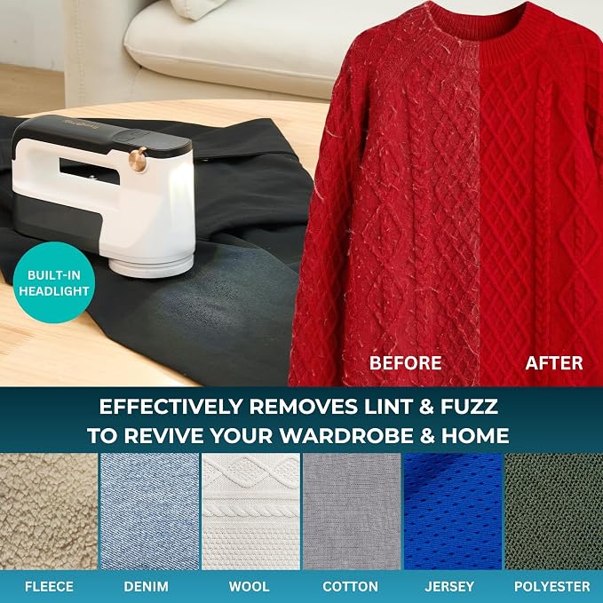 True & Tidy XL Rechargeable Fabric Shaver & Fuzz Remover w/Built-in Light