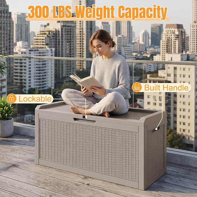 Outdoor Storage Box,120 Gallon Waterproof Resin Patio Deck Box | UV Resistant Lockable Package Delivery Bin, Toy Cabinet, Shoe & Garden Tools Storage, Ottoman, Indoor/Outdoor