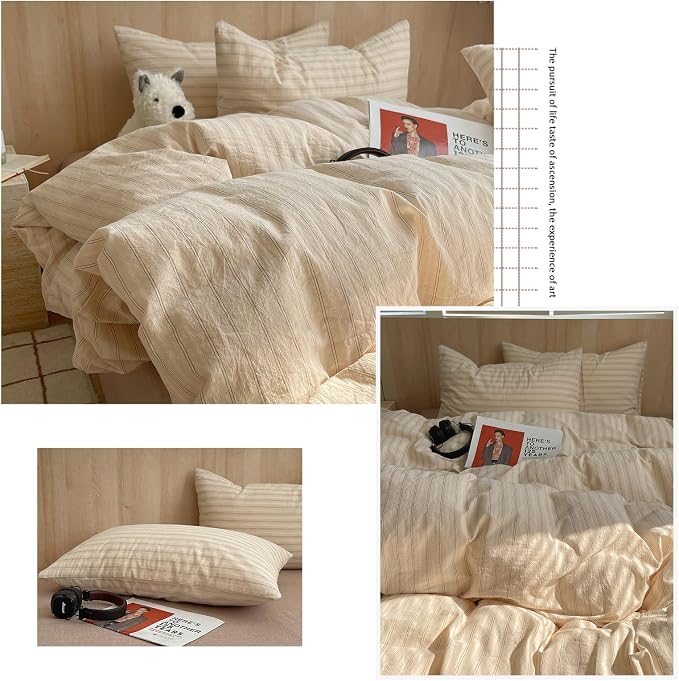 mixinni Retro Striped Duvet Cover Set Twin XL Size - 100% Washed Cotton Beige Duvet Cover with Black White Stripes, Soft Breathable 3 Piece Comforter Cover with Zipper Closure & Corner Ties