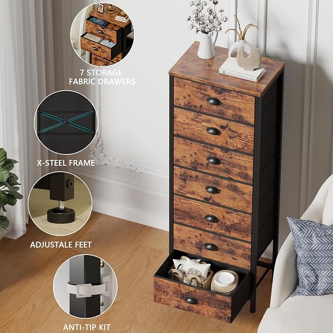 Furnulem Dresser for Bedroom, 7 Drawers Tall Chest of Drawers | Rustic Brown Storage Organizer, Fabric Bins, Metal Frame, Wood Desktop, Dorm Vertical Closet,Bedside Furniture in Living Room