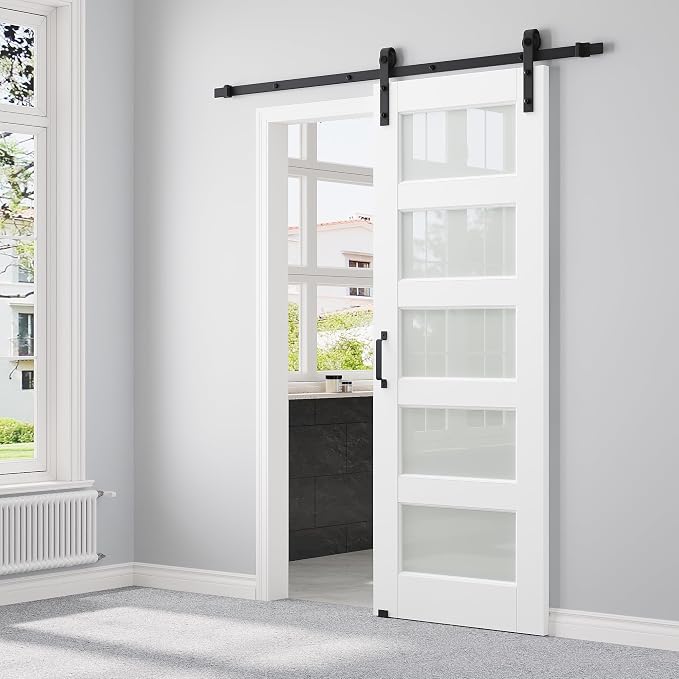 28" x 80" Pre-Assembled Sliding Barn Doors and 6FT Sliding Door Hardware Kit Included & Handle, 5-Lites Frosted Glass Barn Door for Closet Bathroom Bedroom, Solid & Water-Resistant MDF, Paintable