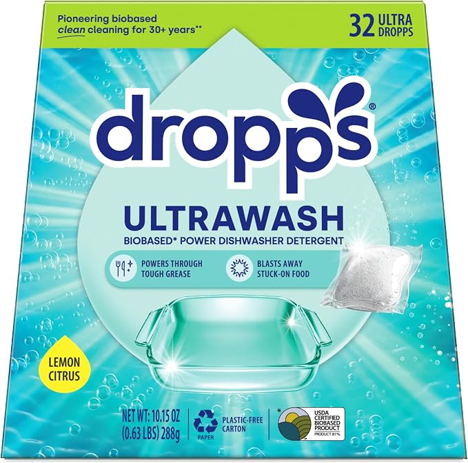 Dropps UltraWash Dishwasher Detergent Pods, Lemon Citrus (32 Ct) - Cuts Grease & Stuck-On Food | Sparkling Dishes & Glasses | Residue-Free | Clean Ingredients | No Pre-Rinse | Plastic Free Packaging