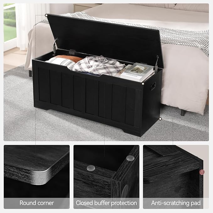 VANKILEY 43.3" Storage Chest Extra Large,Storage Trunk with 2 Safety Hinges,Wooden Storage Bench,Shoe Bench,43.3x15.7x19.1 Inch,Easy Assembly,Storage Bench for Bedroom,Living Room,entryway(Black)