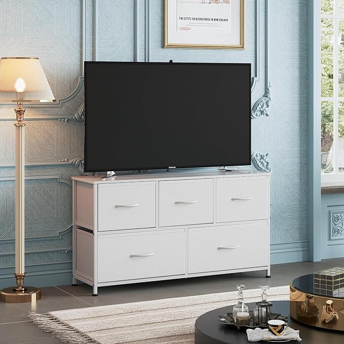WLIVE Wide Dresser for Bedroom, 5 Drawer Chest of Drawers, White | 5 roomy fabric drawers, Wide storage design, Bedroom or closet use, Sturdy steel frame, Smooth wood tabletop