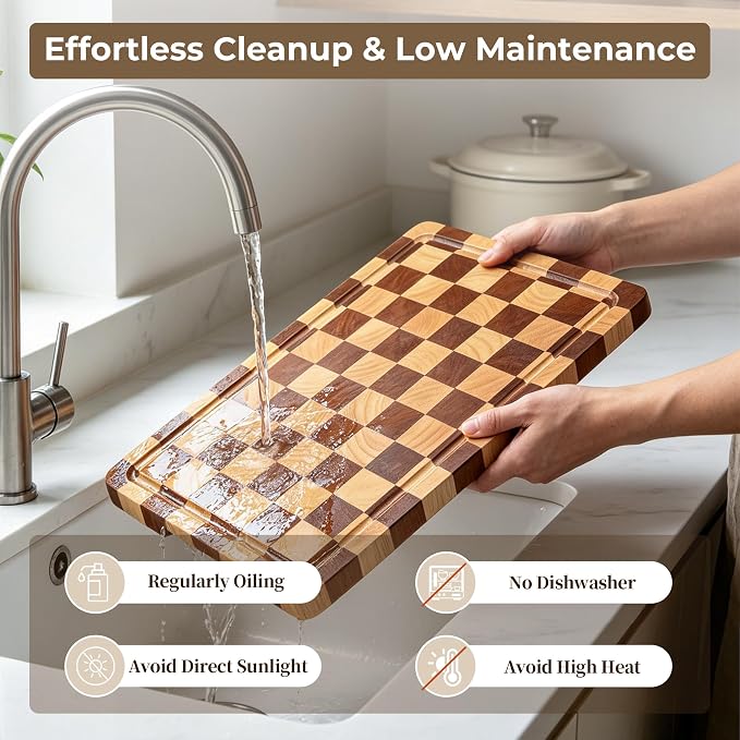 Checkered Cutting Board for Kitchen -Wood Checkerboard Cutting Board | Wooden Checker Chopping Board End Grain Cooking Board with Juice Groove & Handle for Meat, Fruit, Bread, Vegetable