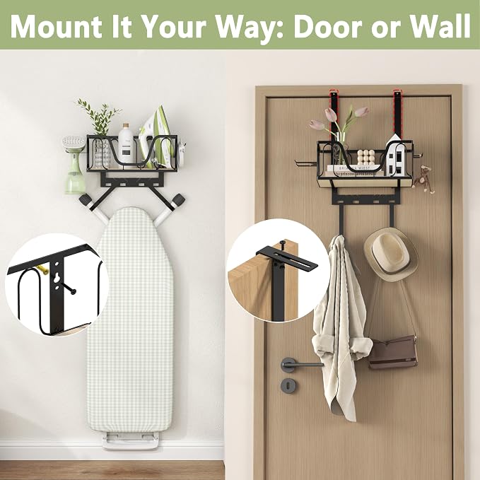 Ironing Board Hanger, CUFURNIX Wall Mount or Over the Door Iron Holder, Adjustable for Door Thickness, Fits T and Y Shaped Legs, High-Sided Basket & Side Hooks for Laundry, Sewing Room, Black