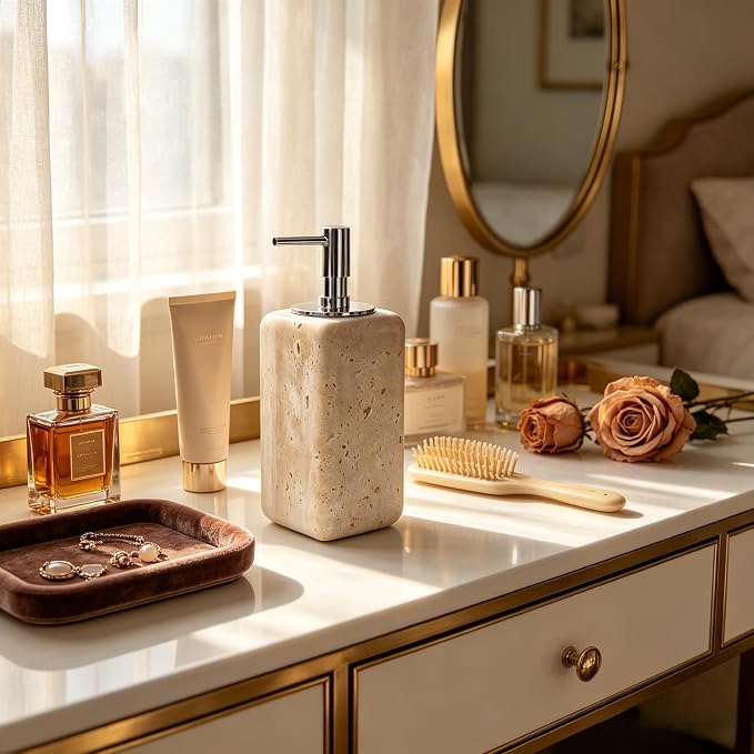 Travertine Soap Dispenser Bathroom Accessories, Natural Organic Premium Square Stone Lotion Dispenser with Metal Pump, Elegant Kitchen Hand Lotion Jar Soap Pump for Laundry Room Home Decor (Natural)