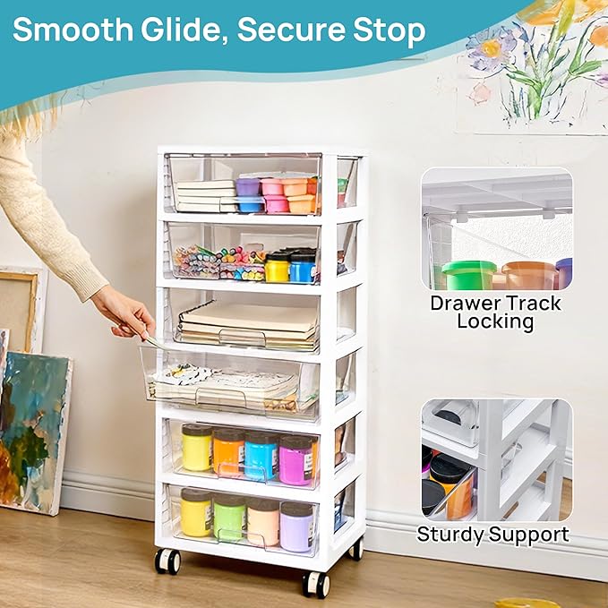 Vtopmart 6-Tier Rolling Cart with Deep Drawers, Clear Plastic Storage Organizer for Art & Craft Supplies, Toy, Office, Classroom, Bedroom, Bathroom