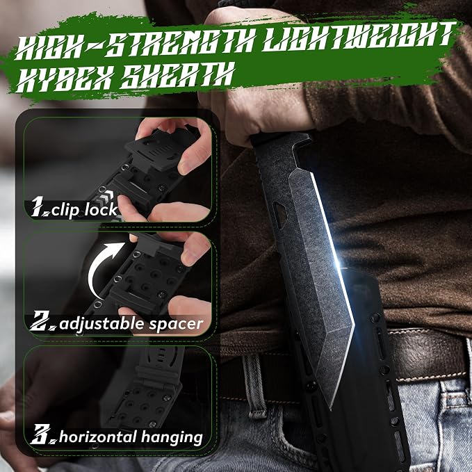 Dragon Creek Tactical Knife Kydex - D2 Steel Outdoor Knife with Sheath | Black G10 Full Tang Handle for Outdoor Survival Camping Hiking Thanksgiving Gift Men