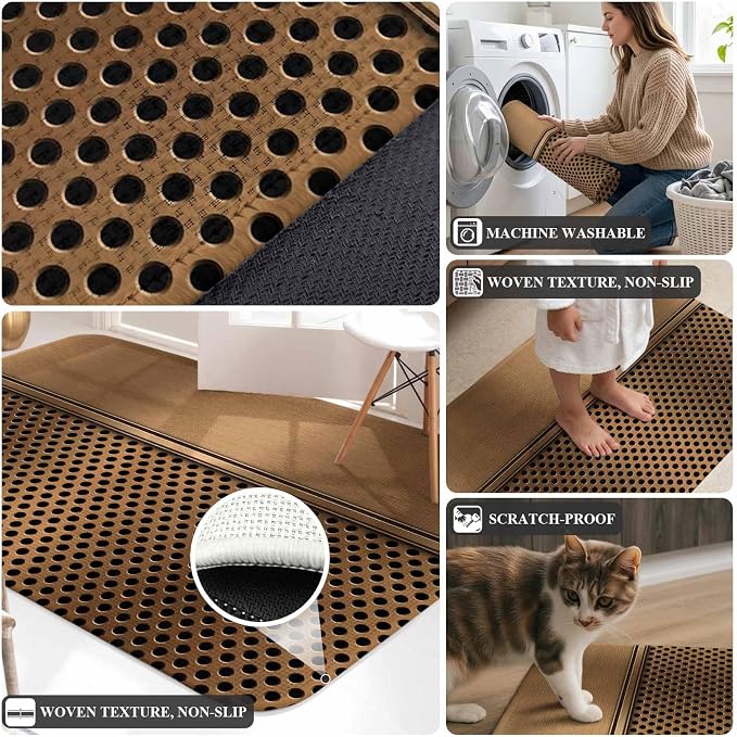 Extra Large Area Rug 63"x90.6", Brown Metal Hole Absorbent Non Slip Indoor Outdoor Carpet, Modern Copper Net Eye Hole Pattern Low Profile Floor Rug for Home Living Room Dining Room Bedroom Family Room