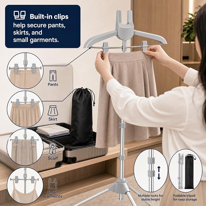 Foldable Steamer Stand – Adjustable Clothes Hanger Rack for Travel | Foldable Steamer Stand with Ironing Gloves, Lint Remover, Storage Bag & Portable Ironing Board – Ideal for home & travel.