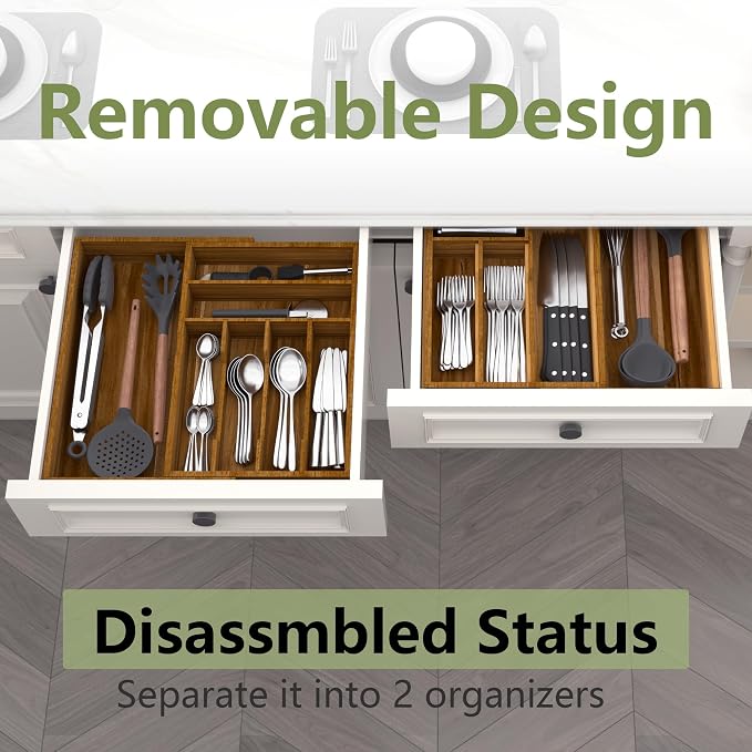 Suli Large Silverware Drawer Organizer, Acacia Wood Adjustable Kitchen Flatware for Forks Knives and Spoons, Cutlery Utensil Holder, Expandable from 22in-37in