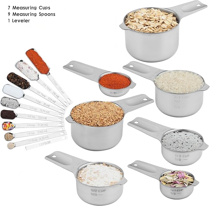 Measuring Cups and Spoons Set 17, 18/8 Stainless Steel Measuring Cup and Spoons Set for Dry & Liquid, Metric & US Metal Measuring Tools &Leveler &Equivalents for Baking & Kitchen