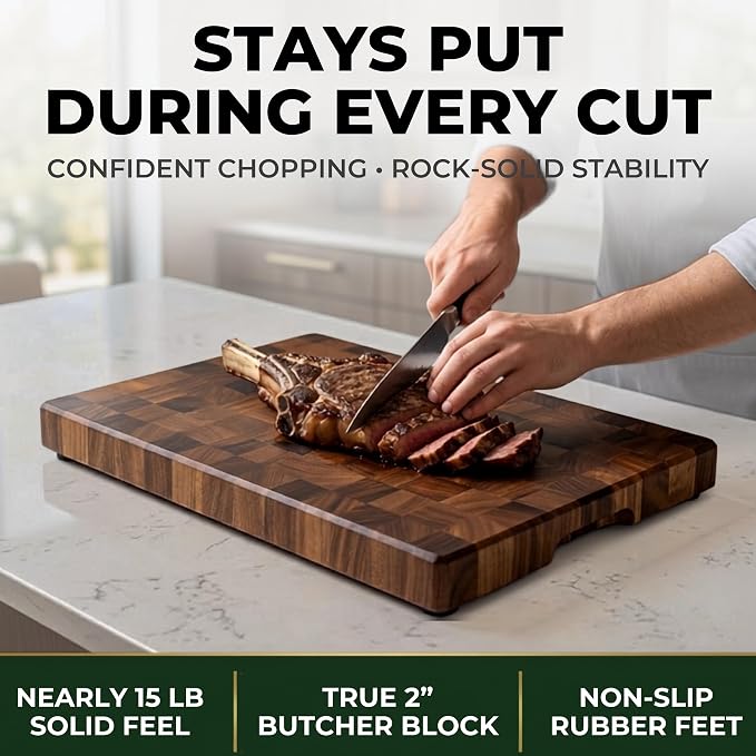 SHUMARU XL 20.5 × 14.2 × 2" End Grain Cutting Board, Professional Butcher Block, Thick Exotic Heartwood Chopping Block, Knife-Friendly, Maximum Work Space Side Handles & Non-Slip Feet