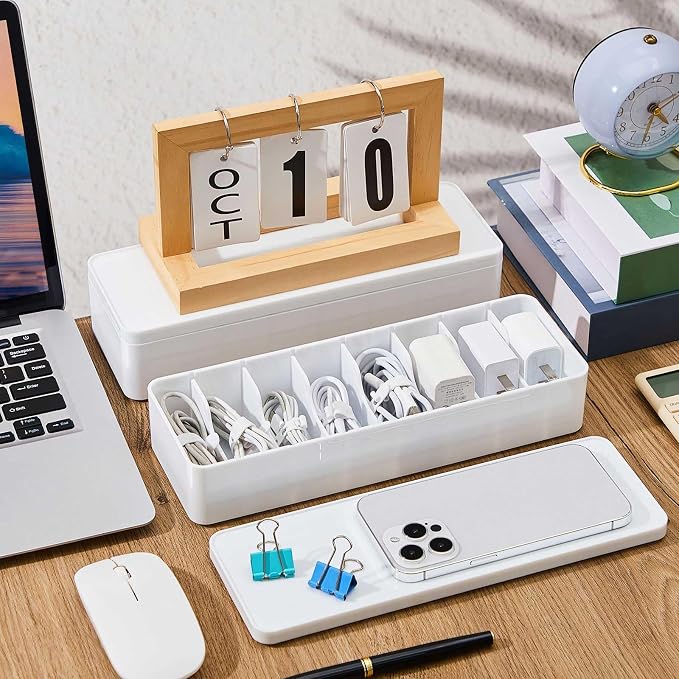 Tatuo 1 Pcs Cable Organizer Box with Wire Ties, Plastic Cord Storage Box with Lid, Electronics Organizer for Home Office Desk Organizers and Accessories (White)